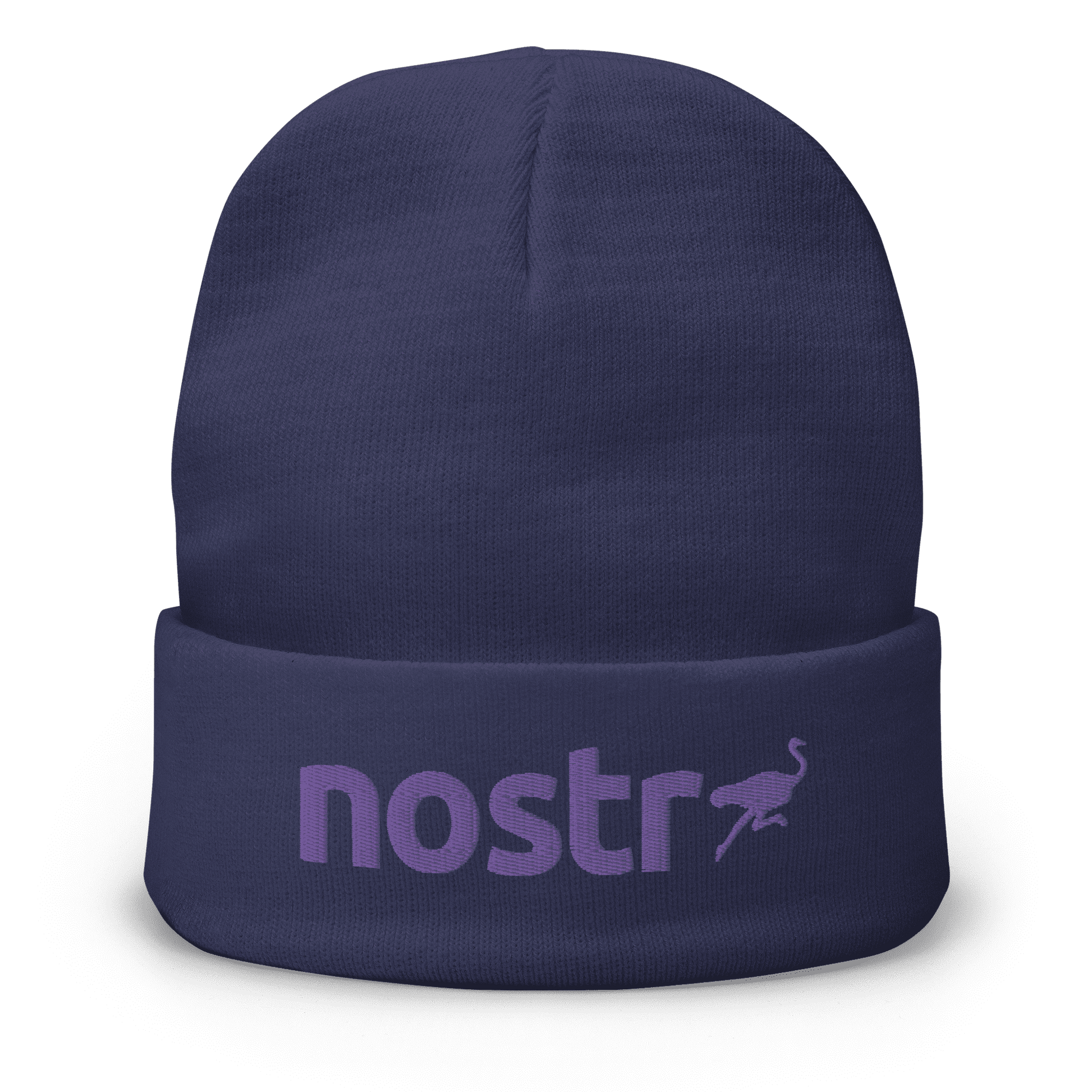 Front view of a navy colored nostr beanie.