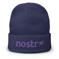 Embroidered Nostr beanie in cotton blend with snug fit promoting censorship-free social communication and bitcoin awareness