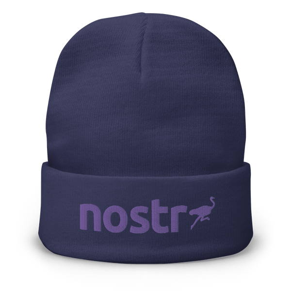 Embroidered Nostr beanie in cotton blend with snug fit promoting censorship-free social communication and bitcoin awareness