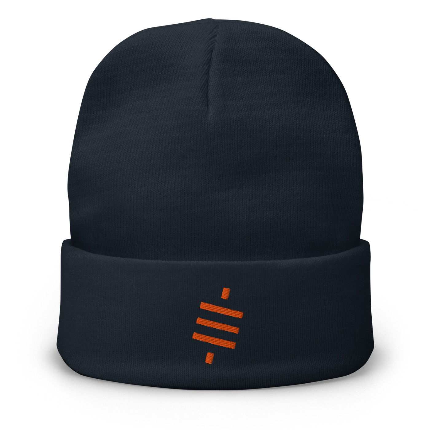 Sats Symbol embroidered bitcoin beanie in Navy, front view.