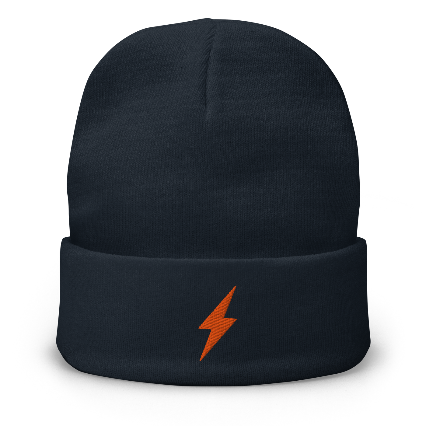 Lightning embroidered bitcoin beanie in Navy, front view.