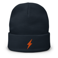 Lightning embroidered bitcoin beanie in Navy, front view.