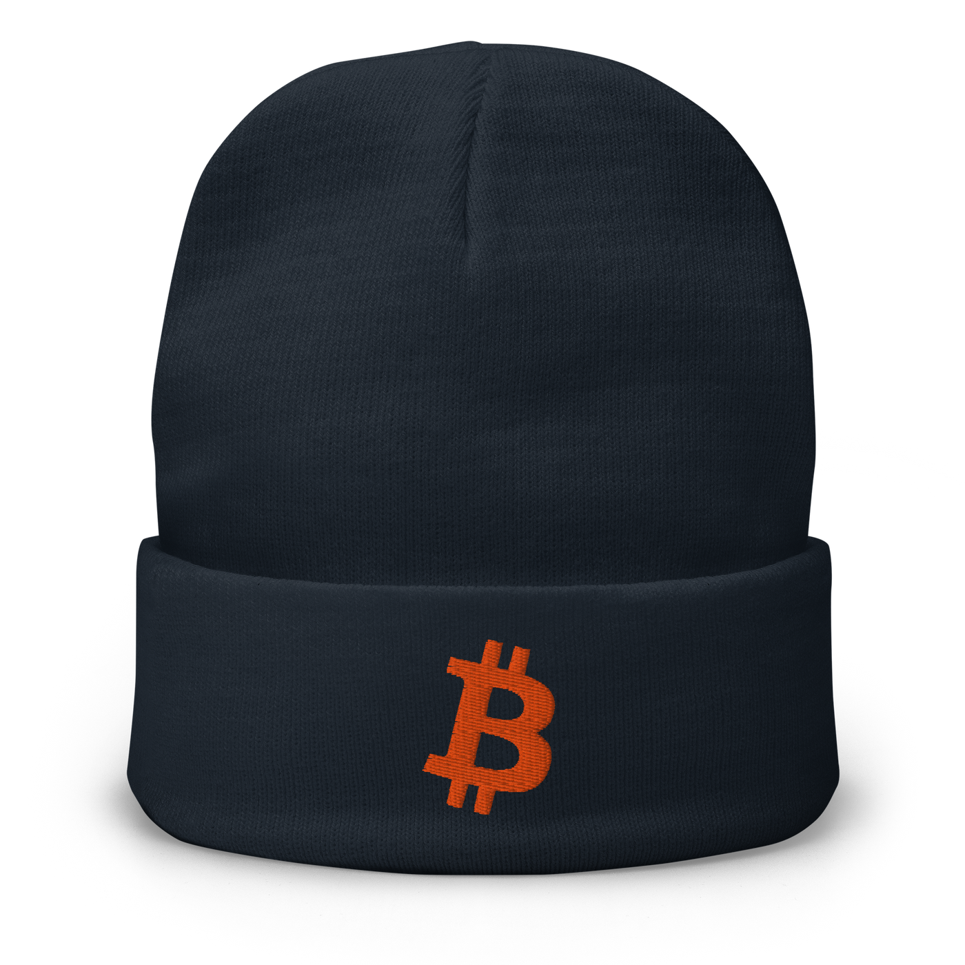Bitcoin B embroidered bitcoin beanie in Navy, front view.