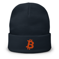 Bitcoin B embroidered bitcoin beanie in Navy, front view.