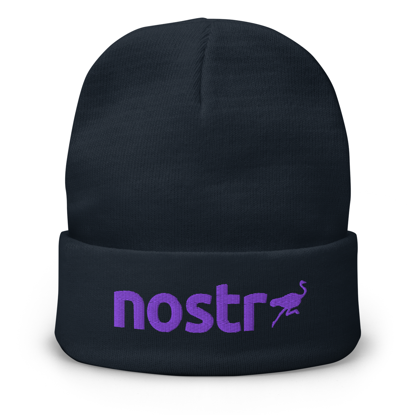 Nostr embroidered nostr beanie in Navy, front view.