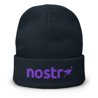 Nostr embroidered nostr beanie in Navy, front view.