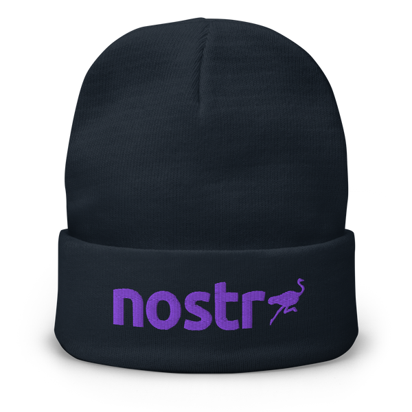 Embroidered Nostr beanie in cotton blend with snug fit promoting censorship-free social communication and bitcoin awareness