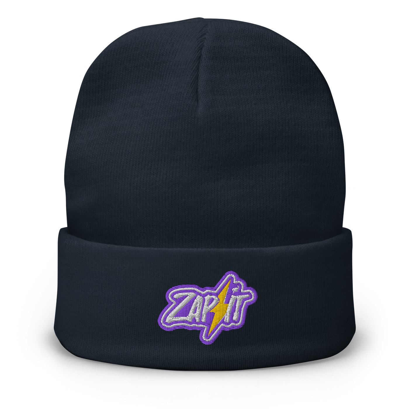 Zap It embroidered nostr beanie in Navy, front view.