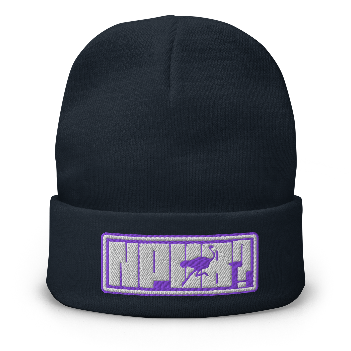 nPub? embroidered nostr beanie in Navy, front view.