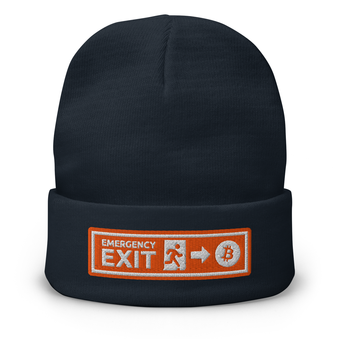 Emergency Exit embroidered bitcoin beanie in Navy, front view.