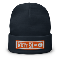 Emergency Exit embroidered bitcoin beanie in Navy, front view.
