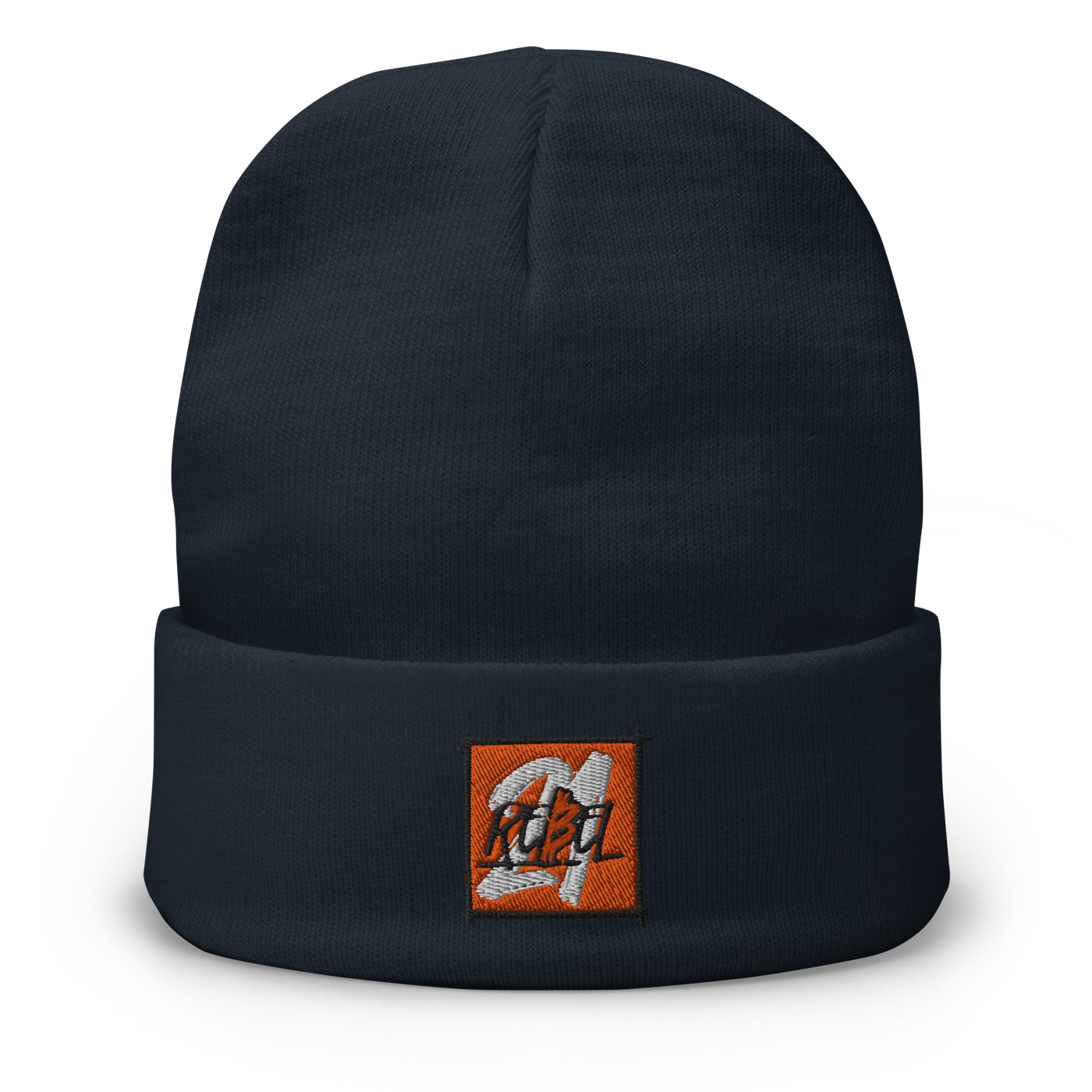 21 Rebel embroidered bitcoin beanie in Navy, front view.