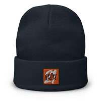21 Rebel embroidered bitcoin beanie in Navy, front view.