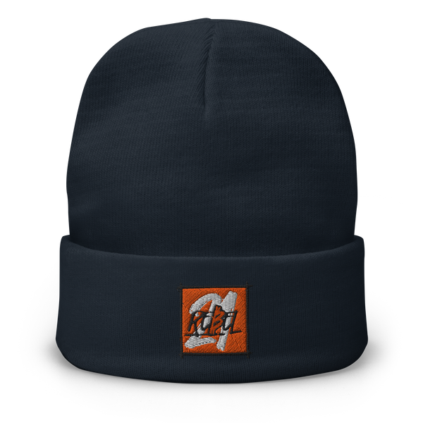 21 Rebel embroidered bitcoin beanie in Navy, front view.