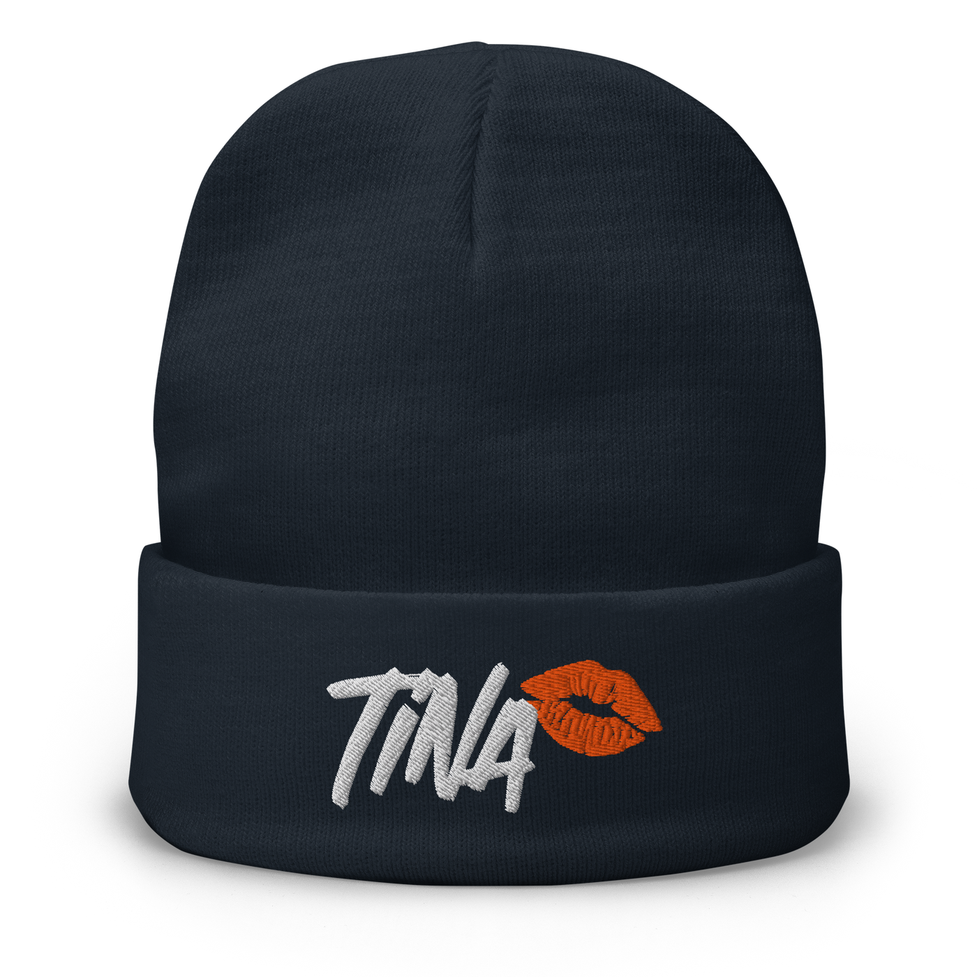 TINA embroidered bitcoin beanie in Navy, front view.