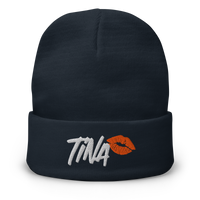 TINA embroidered bitcoin beanie in Navy, front view.