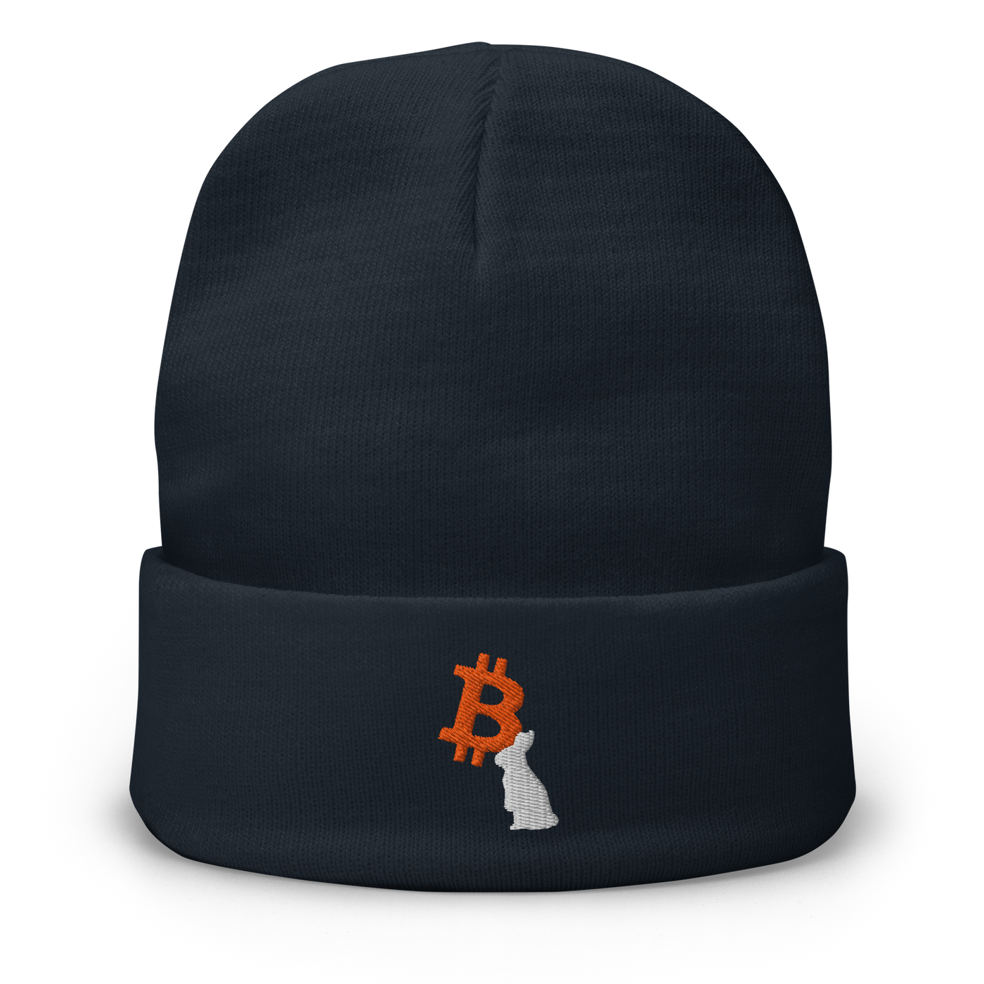 White Rabbit embroidered bitcoin beanie in Navy, front view.