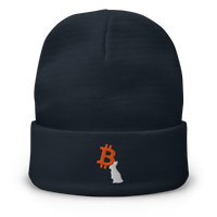 White Rabbit embroidered bitcoin beanie in Navy, front view.