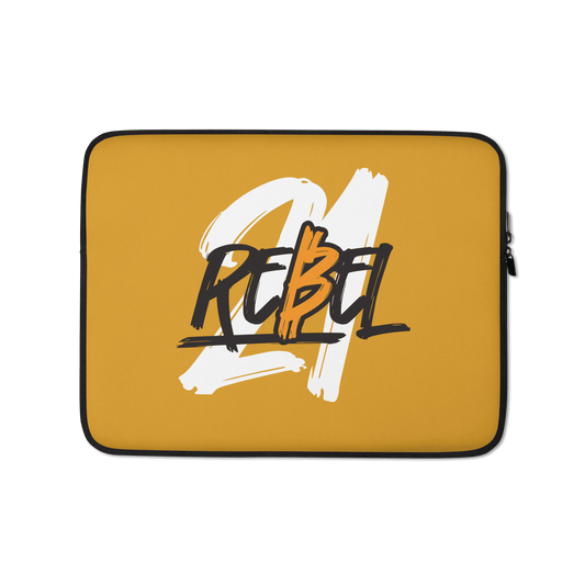 Front view of a orange 13 inch bitcoin laptop sleeve.