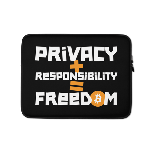 Front view of a black 13 inch bitcoin laptop sleeve.