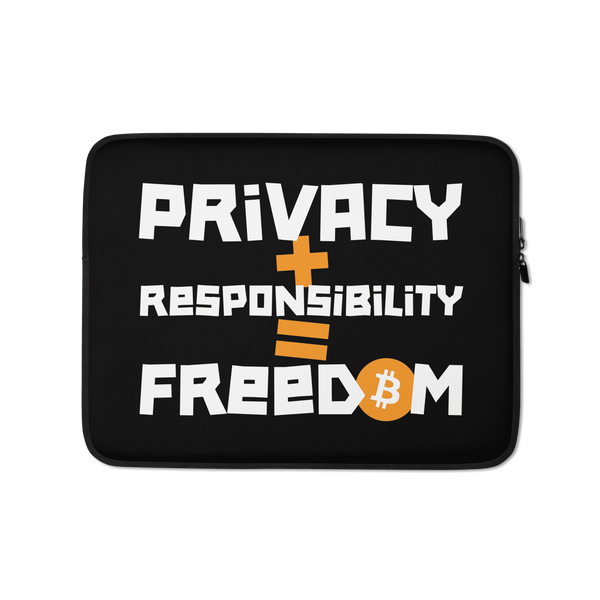 Bitcoin laptop sleeve with privacy and responsibility design, neoprene, padded, water-resistant protective case