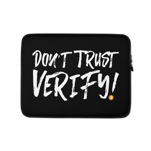 Bitcoin laptop sleeve with "Don't Trust Verify!" design, neoprene material, padded zipper, and faux fur lining for laptop protection