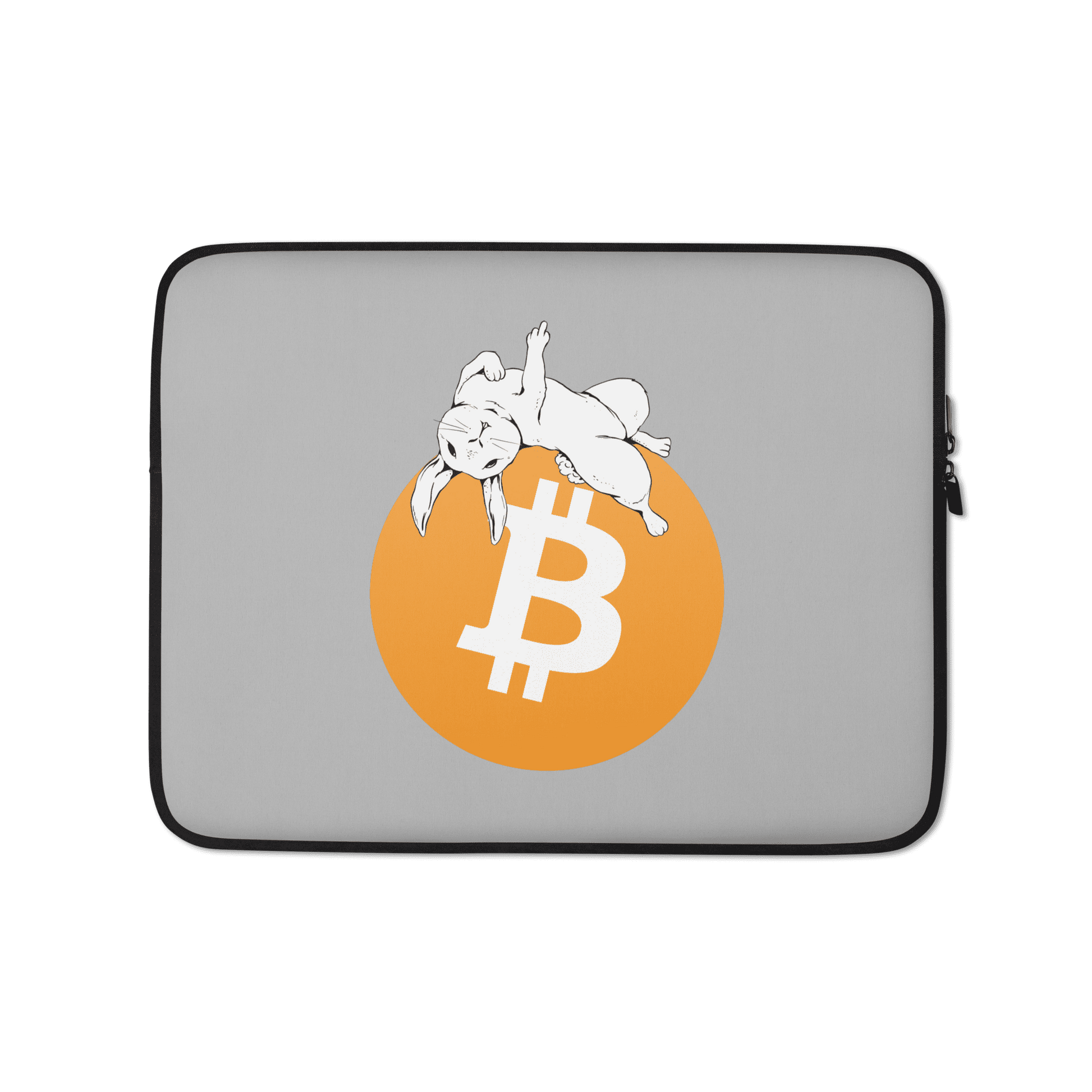 Front view of a grey 13 inch bitcoin laptop sleeve.