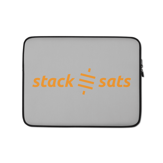 Front view of a grey 13 inch bitcoin laptop sleeve.
