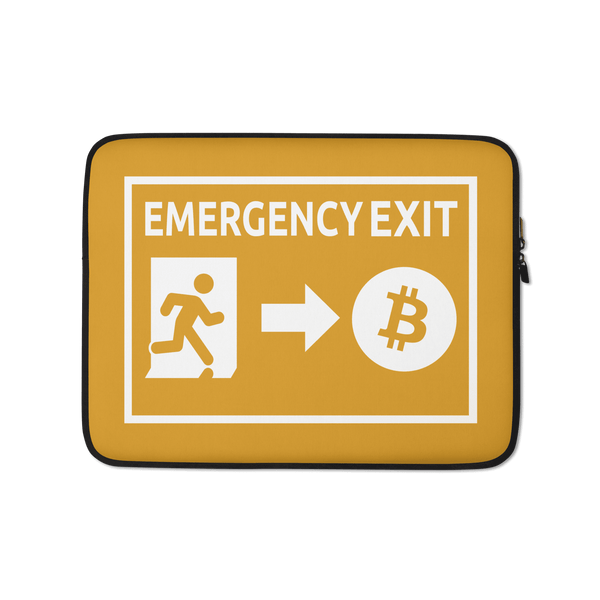 Bitcoin laptop sleeve with emergency exit design, neoprene, padded zipper, and faux fur lining