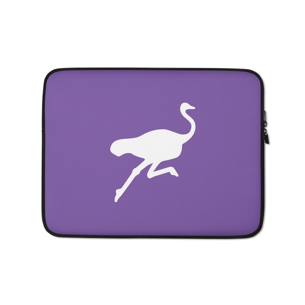 Nostr laptop sleeve with ostrich mascot, neoprene material, padded zipper, and faux fur lining for protection and style