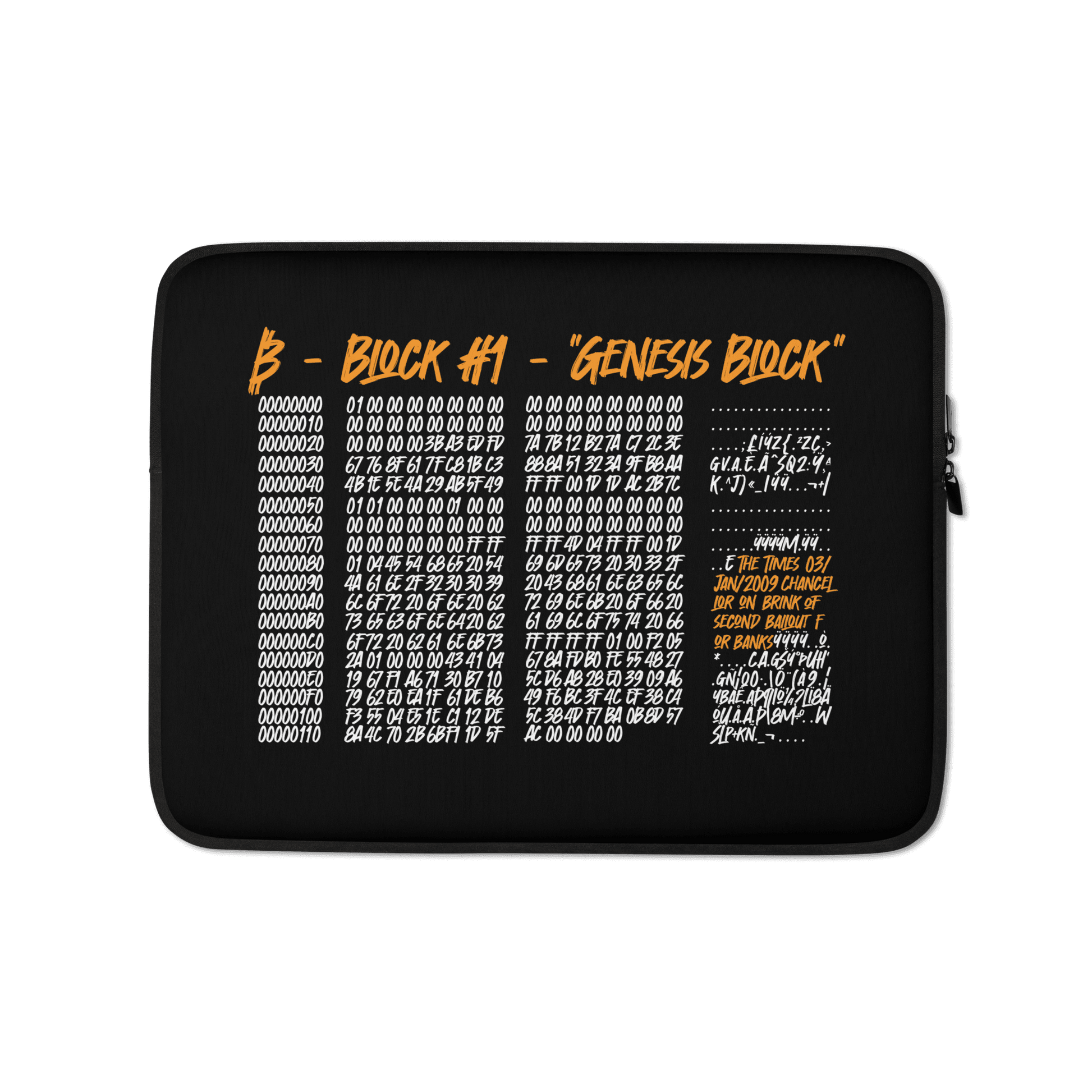 Front view of a black 13 inch bitcoin laptop sleeve.