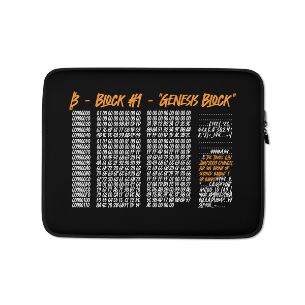 Black neoprene Bitcoin laptop sleeve featuring Genesis block design, padded zipper, and faux fur lining for 13" and 15" laptops