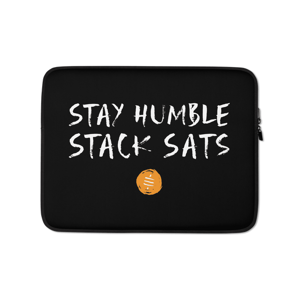 Bitcoin laptop sleeve with Stay Humble Stack Sats design, neoprene, padded zipper, and faux fur lining