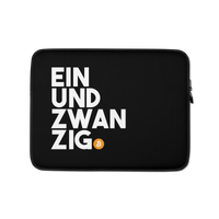 Black neoprene bitcoin laptop sleeve with padded zipper and faux fur lining protecting a laptop