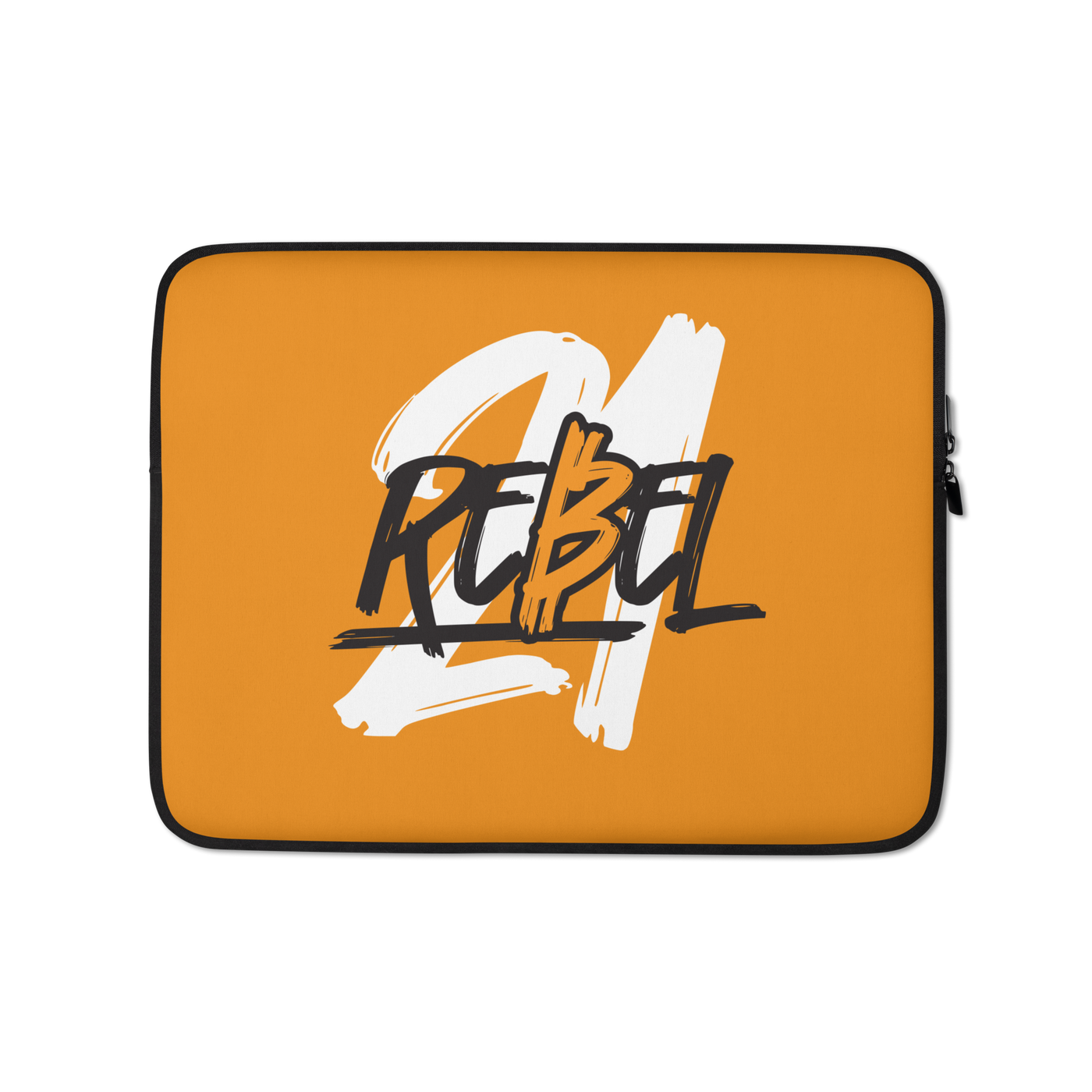 Orange Bitcoin laptop sleeve with padded zipper and faux fur lining, water and heat resistant neoprene protector