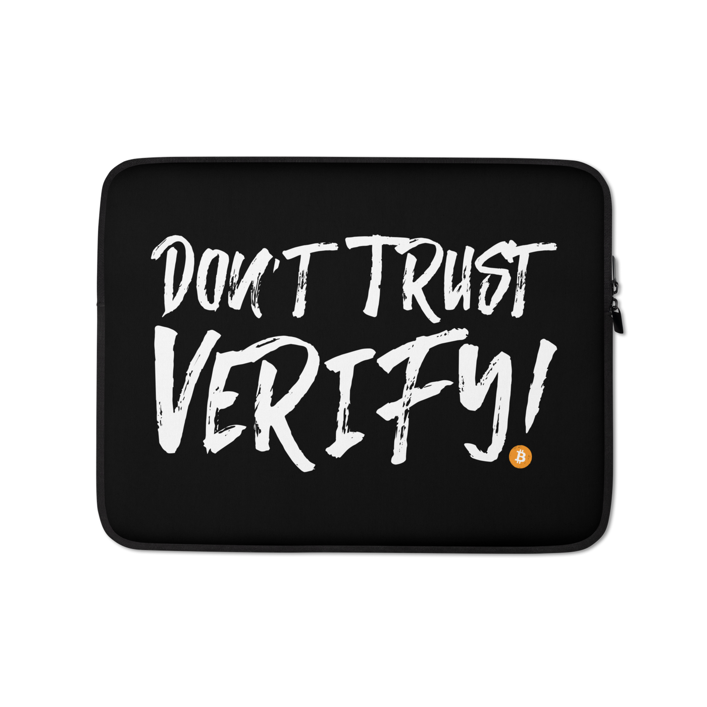 Bitcoin laptop sleeve with "Don't Trust Verify!" design, neoprene material, padded zipper, and faux fur lining for laptop protection
