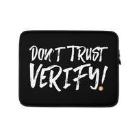 Bitcoin laptop sleeve with "Don't Trust Verify!" design, neoprene material, padded zipper, and faux fur lining for laptop protection