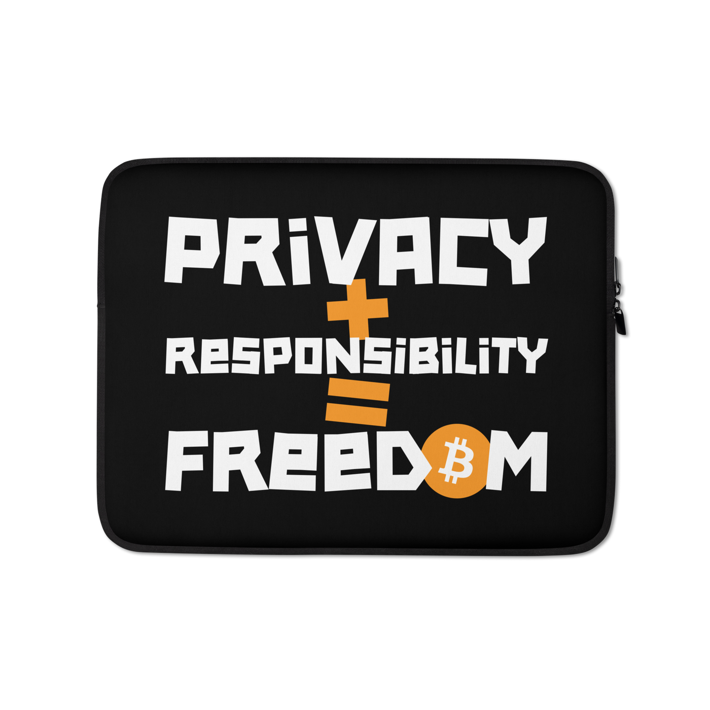 Bitcoin laptop sleeve with privacy and responsibility design, neoprene, padded, water-resistant protective case