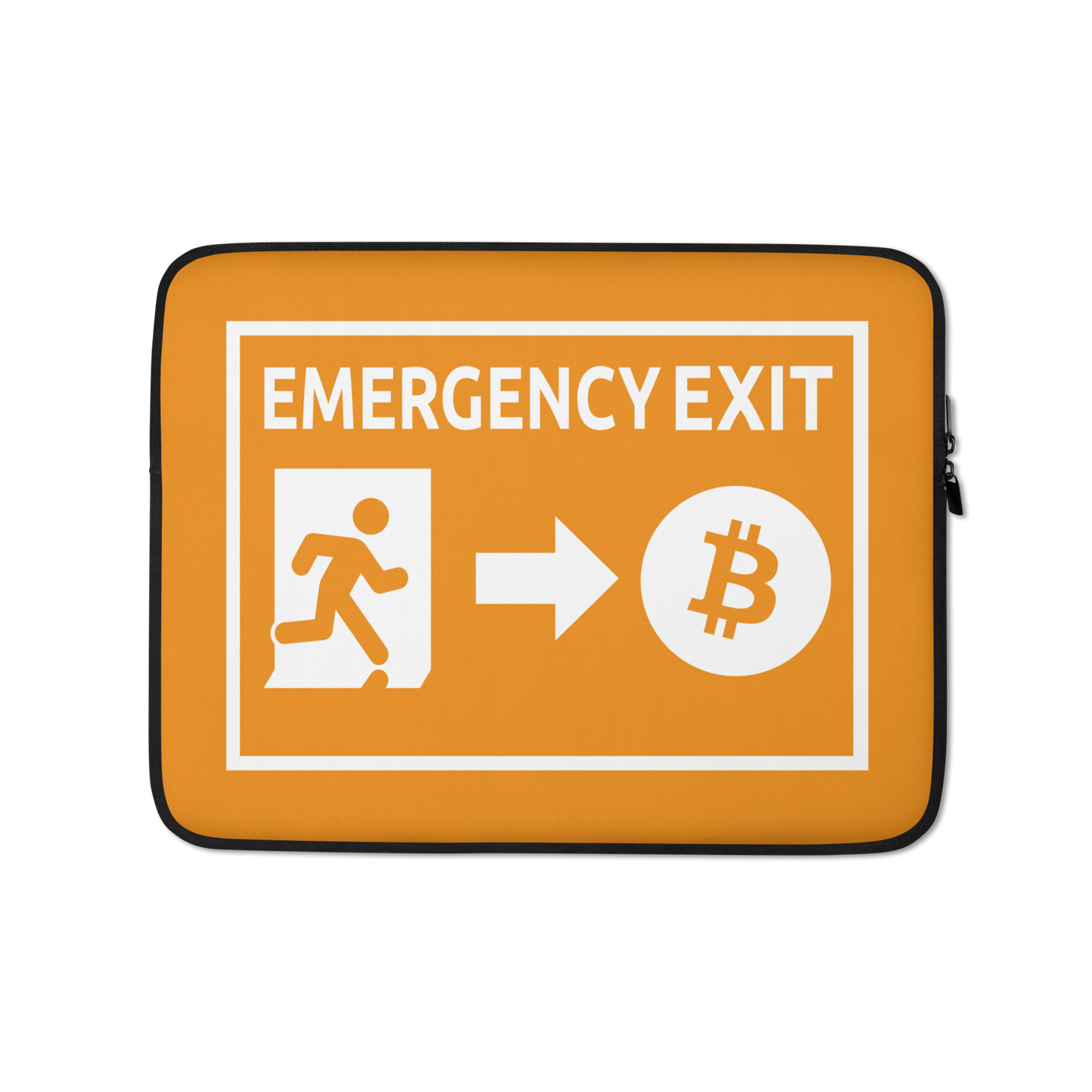 Bitcoin laptop sleeve with emergency exit design, neoprene, padded zipper, and faux fur lining