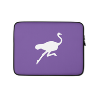 Nostr laptop sleeve with ostrich mascot, neoprene material, padded zipper, and faux fur lining for protection and style