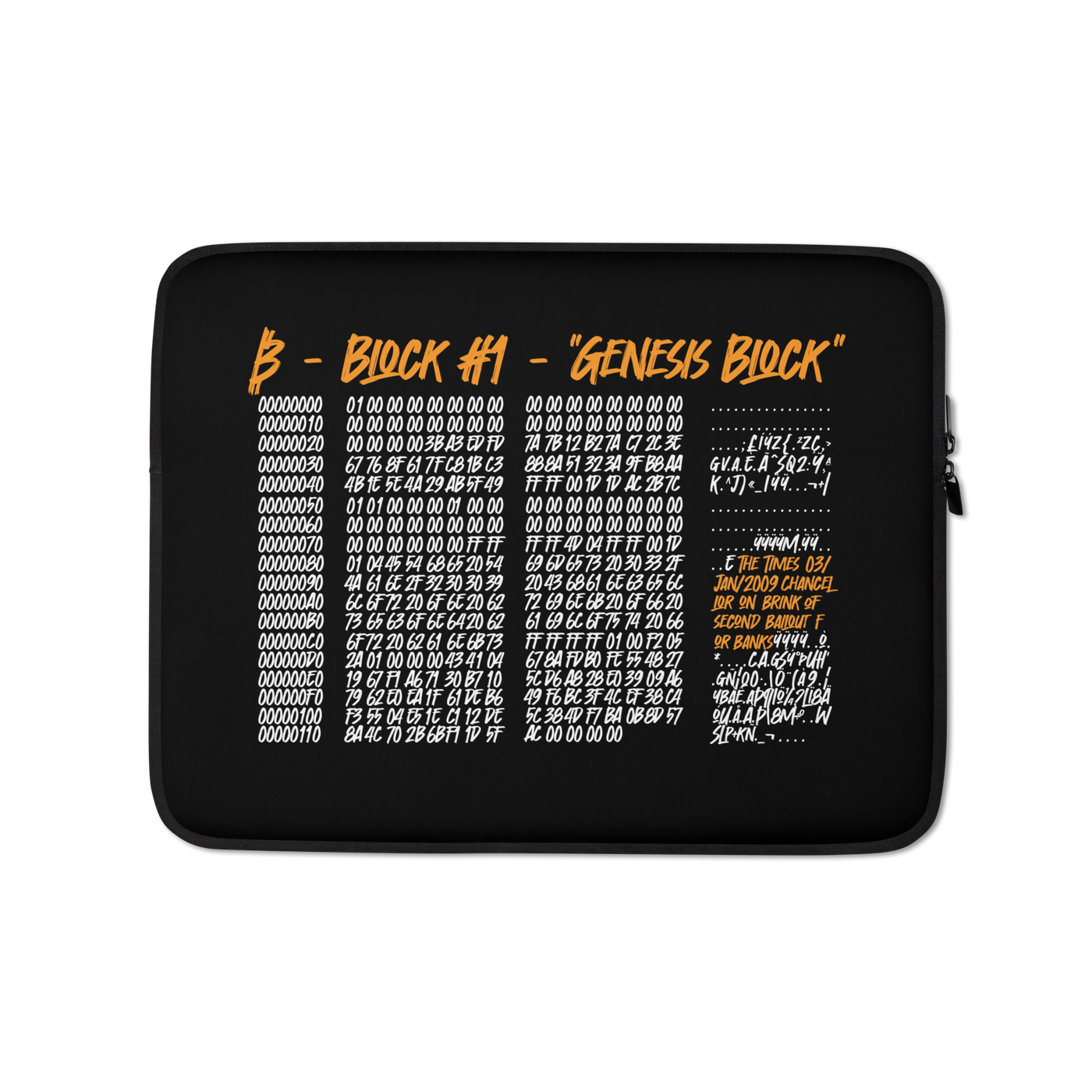 Black neoprene Bitcoin laptop sleeve featuring Genesis block design, padded zipper, and faux fur lining for 13" and 15" laptops