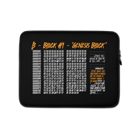 Black neoprene Bitcoin laptop sleeve featuring Genesis block design, padded zipper, and faux fur lining for 13" and 15" laptops