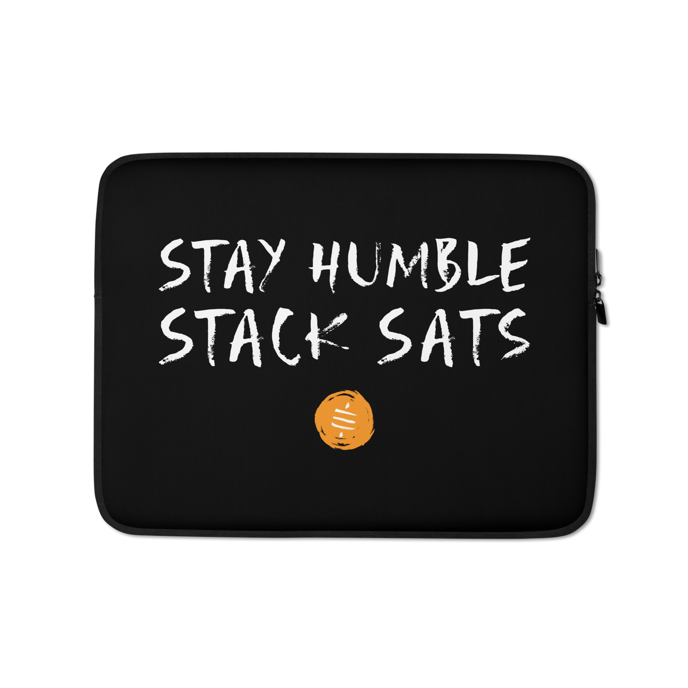 Bitcoin laptop sleeve with Stay Humble Stack Sats design, neoprene, padded zipper, and faux fur lining