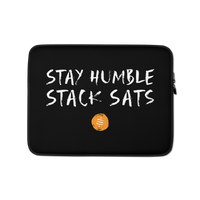 Bitcoin laptop sleeve with Stay Humble Stack Sats design, neoprene, padded zipper, and faux fur lining