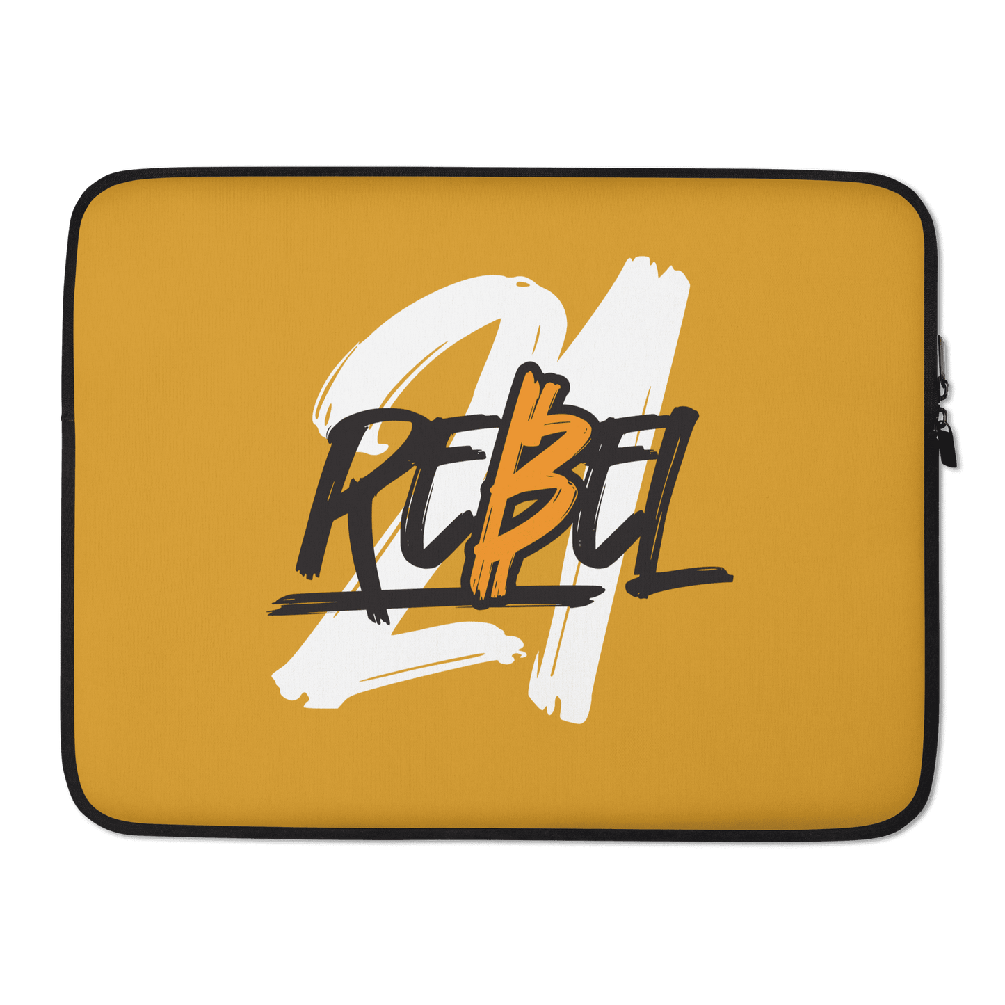 Front view of a orange 15 inch bitcoin laptop sleeve.