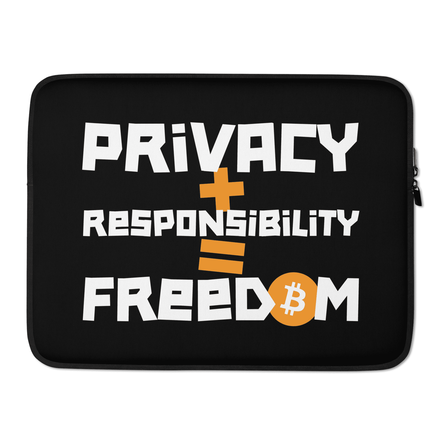 Front view of a black 15 inch bitcoin laptop sleeve.