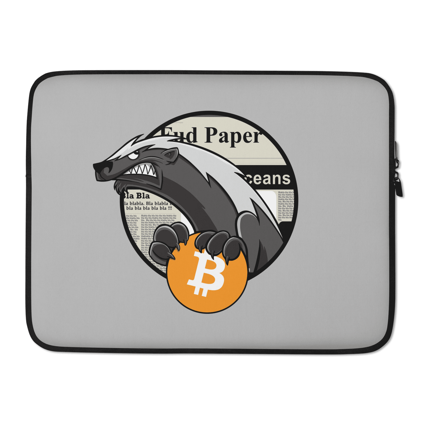 Front view of a grey 15 inch bitcoin laptop sleeve.