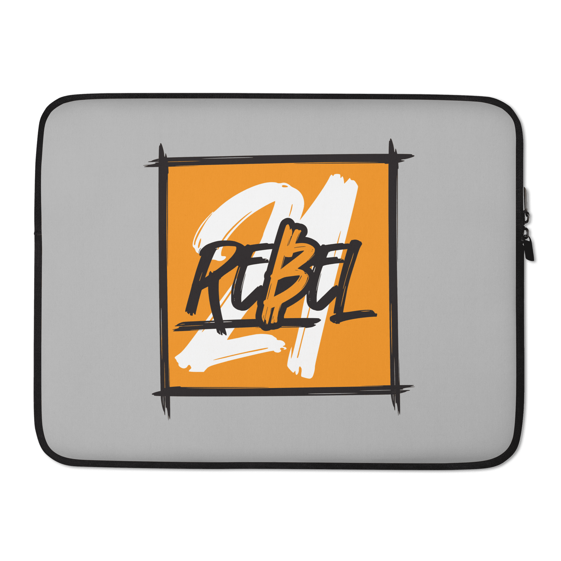 Front view of a grey 15 inch bitcoin laptop sleeve.