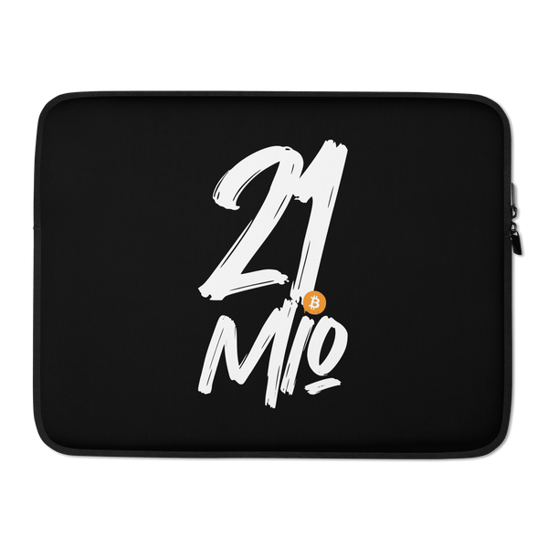 Front view of a black 15 inch bitcoin laptop sleeve.