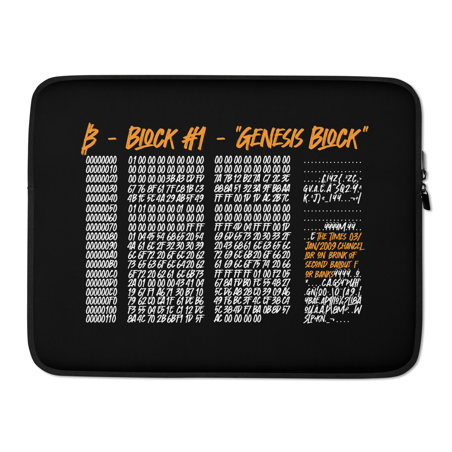 Front view of a black 15 inch bitcoin laptop sleeve.